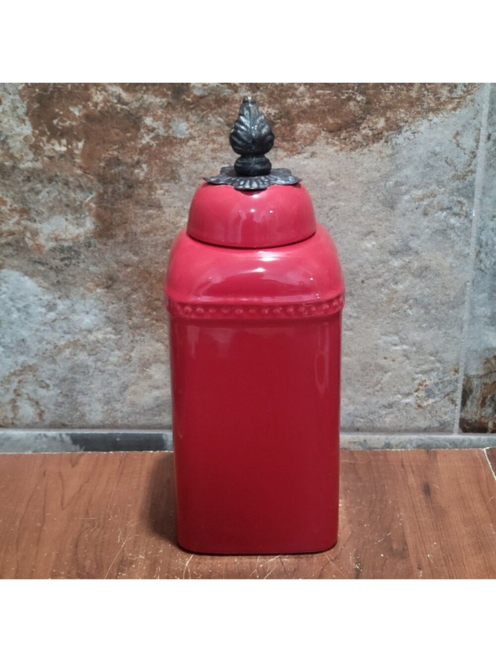 Red Ceramic Kitchen Canister Metal Lily Floral Finial 11 Inch Tall
